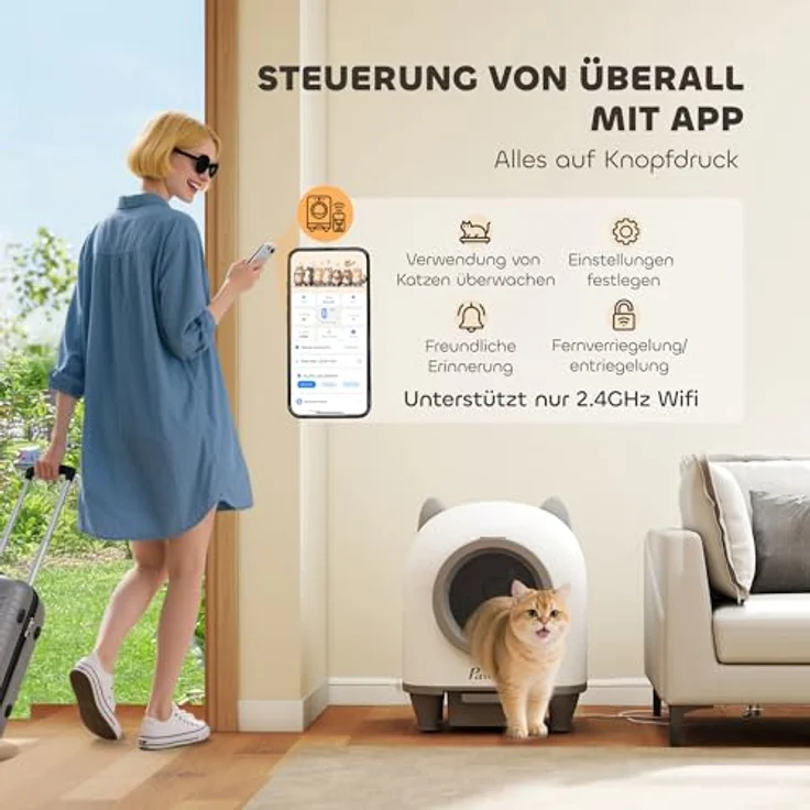 PawHut automatische Katzentoilette mit App-Steuerung, Geruchsbeseitigung und Mülleimer, weiß-grau, für mehrere Katzen – Bild 4