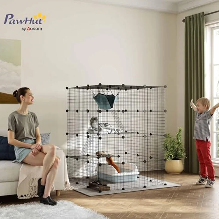 PawHut 4-stöckiger Katzenkäfig für 1-3 Katzen, 105 x 105 x 140 cm, schwarz, anpassbares Layout mit 5 Türen, Kletter- und Sprungplattformen – Bild 2