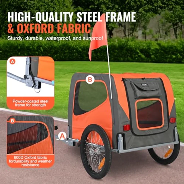 VEVOR Hundeanhänger 30 kg 2in1 Fahrradanhänger, faltbar, Kohlenstoffstahl + 600D Oxford-Gewebe, für Fahrrad und Kinderwagen, 1440 x 720 x 779 mm – Bild 3