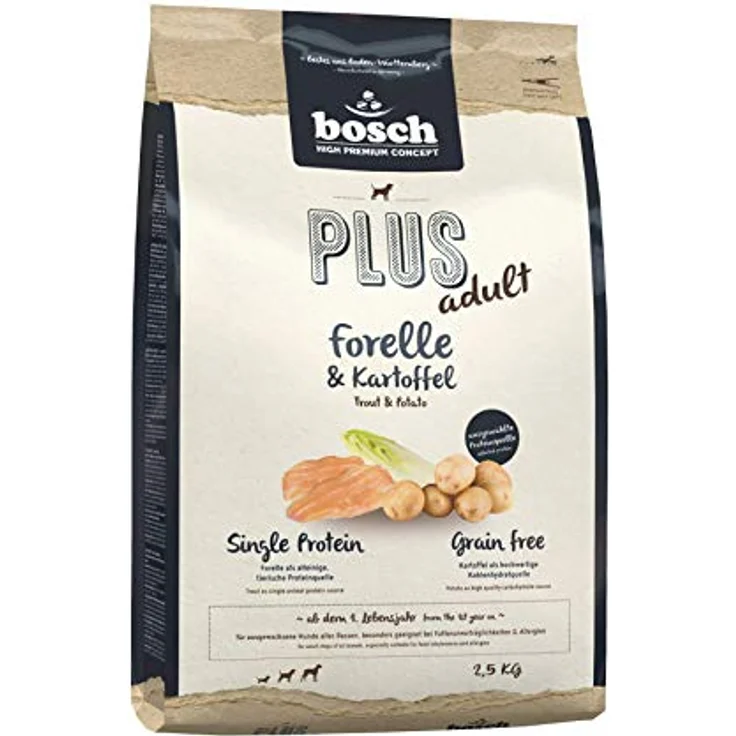 bosch HPC PLUS Forelle & Kartoffel, Hundetrockenfutter für ausgewachsene Hunde, Grain-Free, Single Protein, 2.5 kg – Bild 1