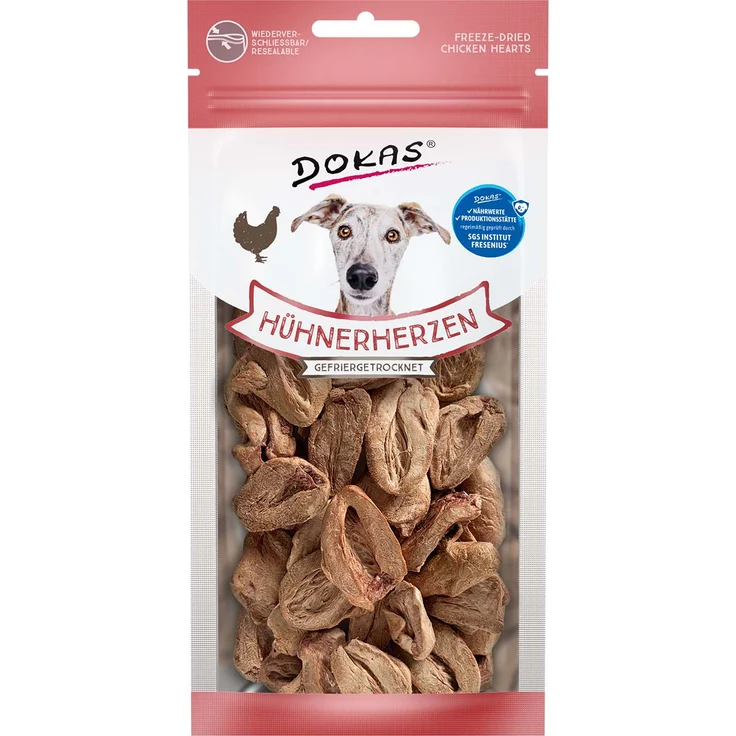 Dokas Hühnerherzen, gefriergetrocknet, 100% Geschmack und Nährstoffe, 22g Snack für Hunde