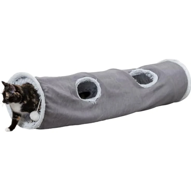 Trixie Katzen-Spieltunnel Harvey, weicher Katzentunnel mit vier Eingängen, 27 × 116 cm, Grau, mit Spielzeug an Schnur – Bild 1