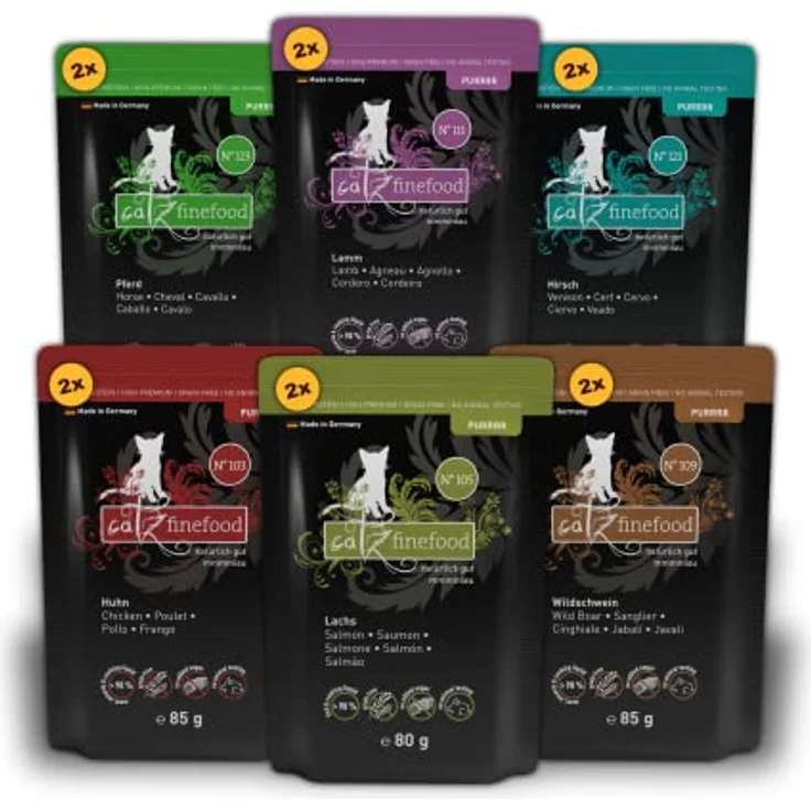 catz finefood Purrrr Collection II, Monoprotein Katzen-Nassfutter, getreidefrei, zuckerfrei, hypoallergen, hoher Fleischanteil, Multipack 12 x 80g-85g – Bild 1