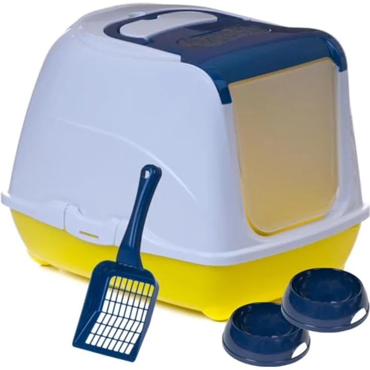 adena Katzentoilette Sondermodell 50, Katzenklo mit Schaufel, Aktivkohlefilter und Haube in blau und gelb – Bild 1