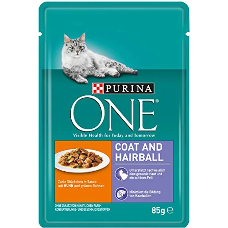 PURINA ONE Katzennassfutter mit Huhn und grünen Bohnen in Sauce, Anti-Hairball, 24er Pack (24 x 85 g Beutel)