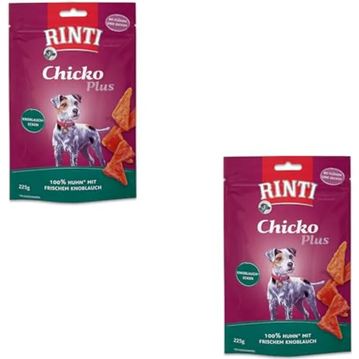Rinti Chicko Plus Knoblauchecken, Doppelpack 2 x 225 g, Hühnerfilet mit frischem Knoblauch, ohne Fleischmehle und Zusatzstoffe, schonend luftgetrocknet, für ausgewachsene Hunde