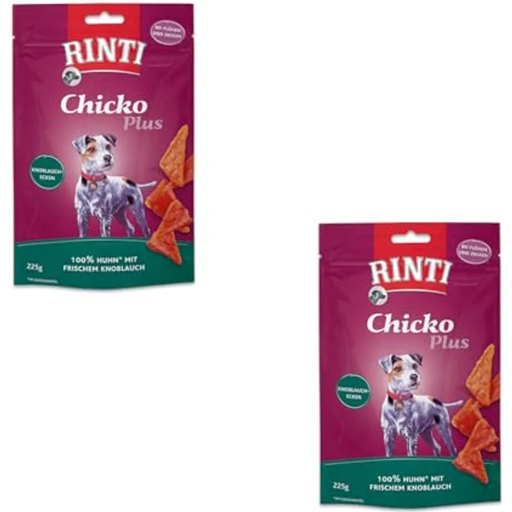 Rinti Chicko Plus Knoblauchecken, Doppelpack 2 x 225 g, Hühnerfilet mit frischem Knoblauch, ohne Fleischmehle und Zusatzstoffe, schonend luftgetrocknet, für ausgewachsene Hunde – Bild 1