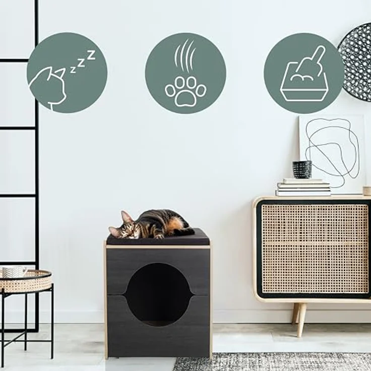 hjh LIVING Kitty PAWBOX 2 Katzenhaus, 50x60x55,5 cm, Schrank für Katzenklo und Katzenbett, belastbar bis 30 kg, Schwarz/Eiche, mit Kratzbrett und waschbarem Polster – Bild 2