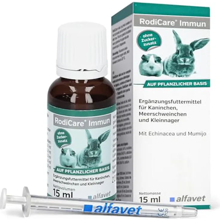 Alfavet RodiCare Immun, Immunstärkung für Kaninchen, Meerschweinchen und Kleinnager, pflanzliches Ergänzungsfuttermittel mit Zink, 15ml, Dosierspritze