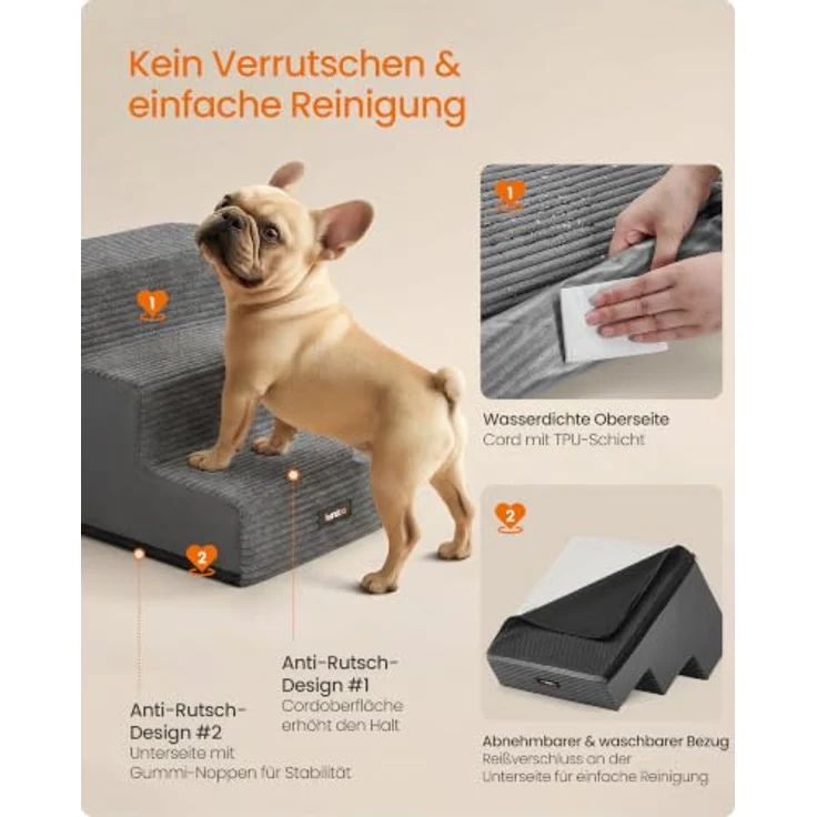 Feandrea Hundetreppe Baddi Kollektion PPS023GN01, 3-stufige Schaumstofftreppe für kleine Hunde, bleigrau, waschbar, rutschfest, 46 x 40 x 33 cm – Bild 5