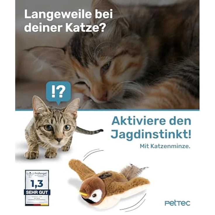 PetTec interaktives Plüschtier für Katzen - Spatz, mit Bewegung und Zwitschern, aktiviert den Jagdinstinkt – Bild 2