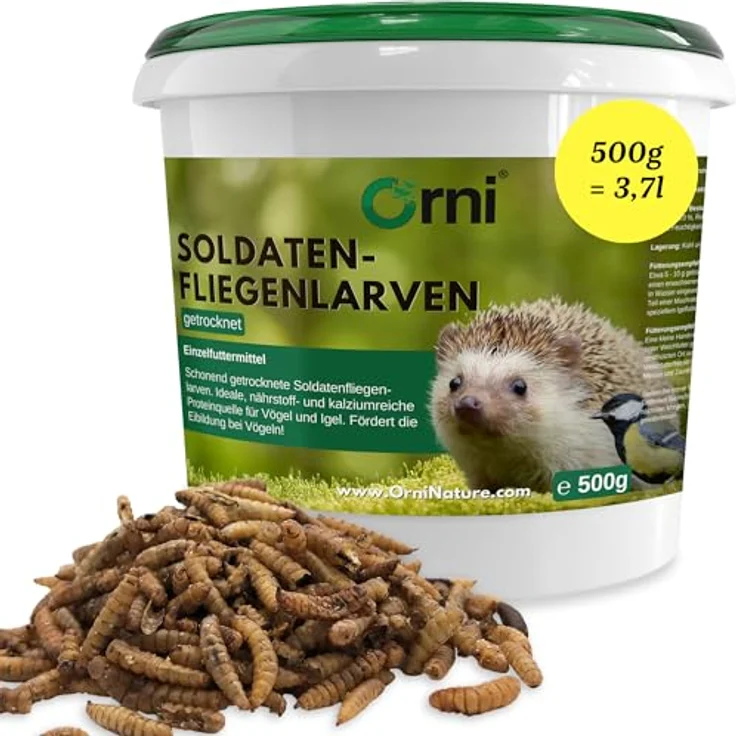 Orni Soldatenfliegenlarven getrocknet 500g, eiweißreiches Insektenfutter für Wildvögel, Igel, Fische, Reptilien & Eichhörnchen – artgerechte Mehlwurm-Alternative, 100% Naturprodukt, ohne Zusatzstoffe – Bild 1