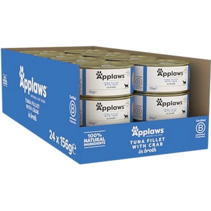 Applaws 100% Natürliches Nassfutter für erwachsene Katzen, Thunfischfilet mit Krabben in Brühe, 156 g Dose (24er Pack) – Bild 2