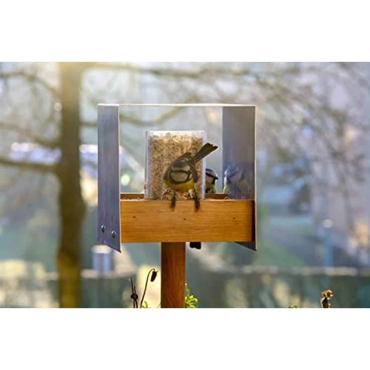 Hochwertiges Design-Vogelhaus ''Industrie-Bauhaus'' mit Futtersilo, Wildvogel-Futterstation inkl. Ständer, 15 x 16 x 16 cm, Eiche – Bild 12