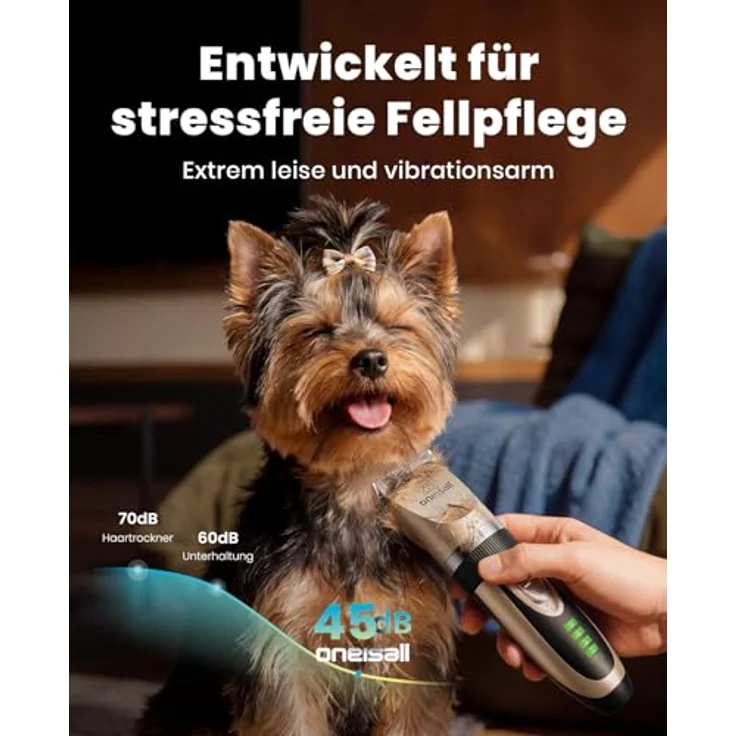 oneisall Leise Hundeschermaschine, 2000mAh Akku, 4h Laufzeit, ultra leise (<55 dB), gold – Bild 2