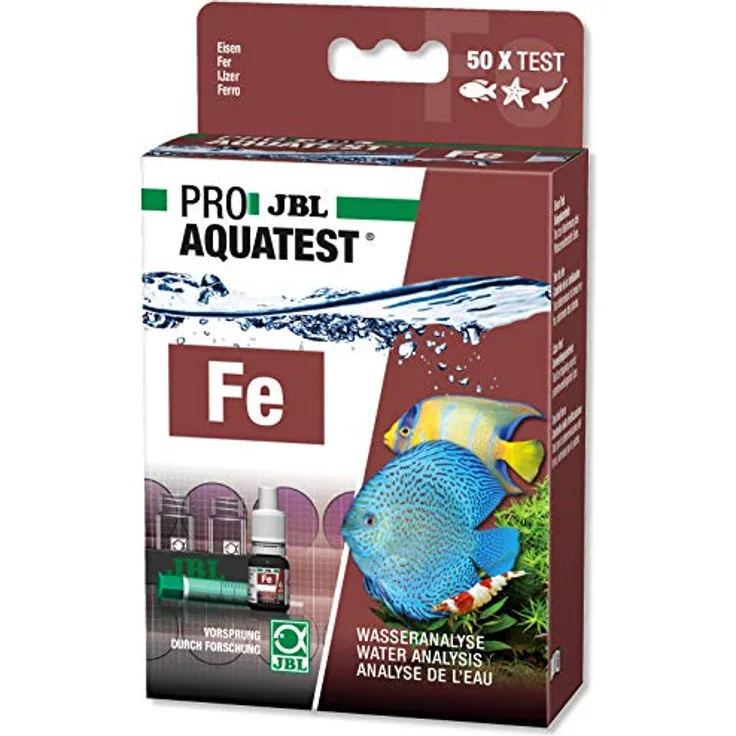 JBL ProAqua Test Fe, Wassertest-Set zur Eisenwertbestimmung für Aquarien und Teiche, inkl. Reagenzien und Glasküvetten, ca. 50 Tests