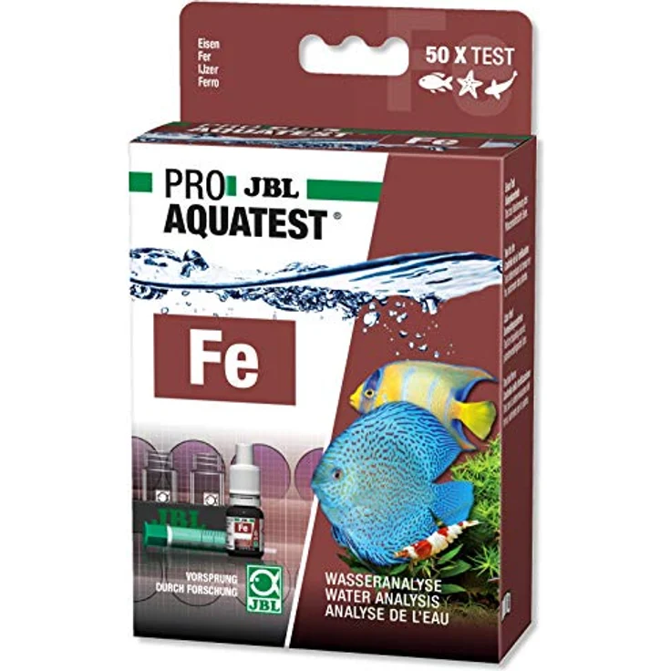 JBL ProAqua Test Fe, Wassertest-Set zur Eisenwertbestimmung für Aquarien und Teiche, inkl. Reagenzien und Glasküvetten, ca. 50 Tests