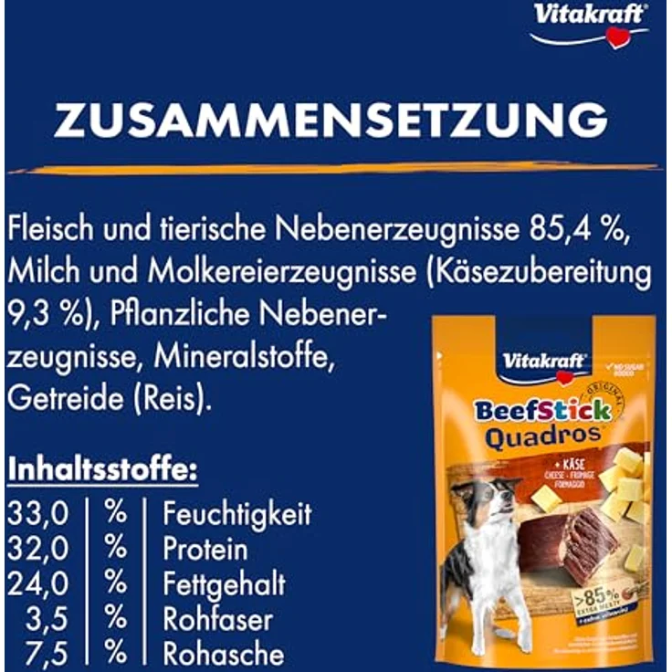 Vitakraft Beef Stick Quadros, Sparpaket 7 x 70 g, Hundesnack mit Käse, getreidefrei, eiweißreich und über Buchenholz geräuchert – Bild 4