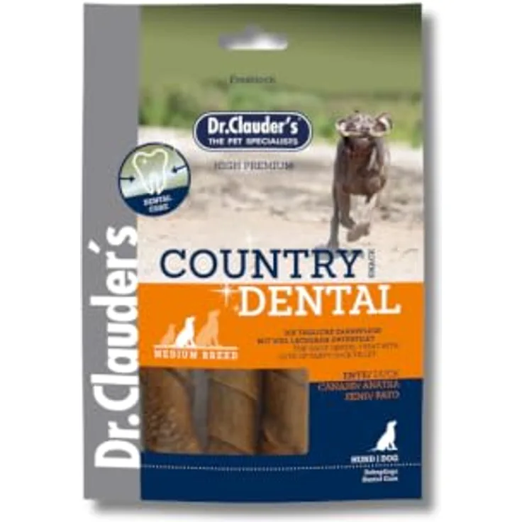 Dr.Clauder's Country Dental Snack Ente, Kausnack für mittelgroße Hunde mit 65,5% Schweinerohhaut und 29,7% Entenfleisch, 120 g