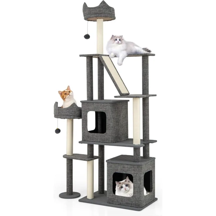 Northix Katzenbaum 180 cm, Kratzbaum mit Sisalstämmen, 2 Höhlen und Leiter, Grau