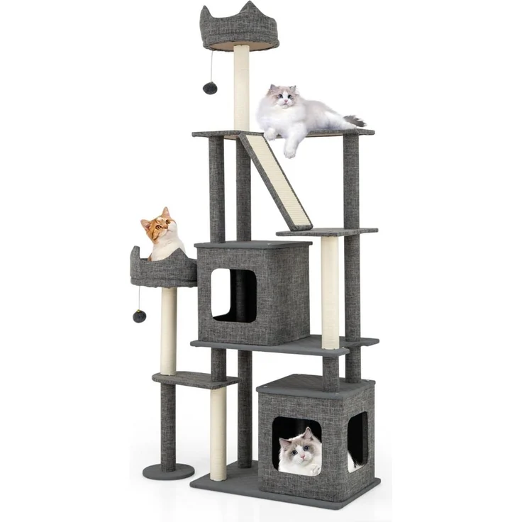 Northix Katzenbaum 180 cm, Kratzbaum mit Sisalstämmen, 2 Höhlen und Leiter, Grau