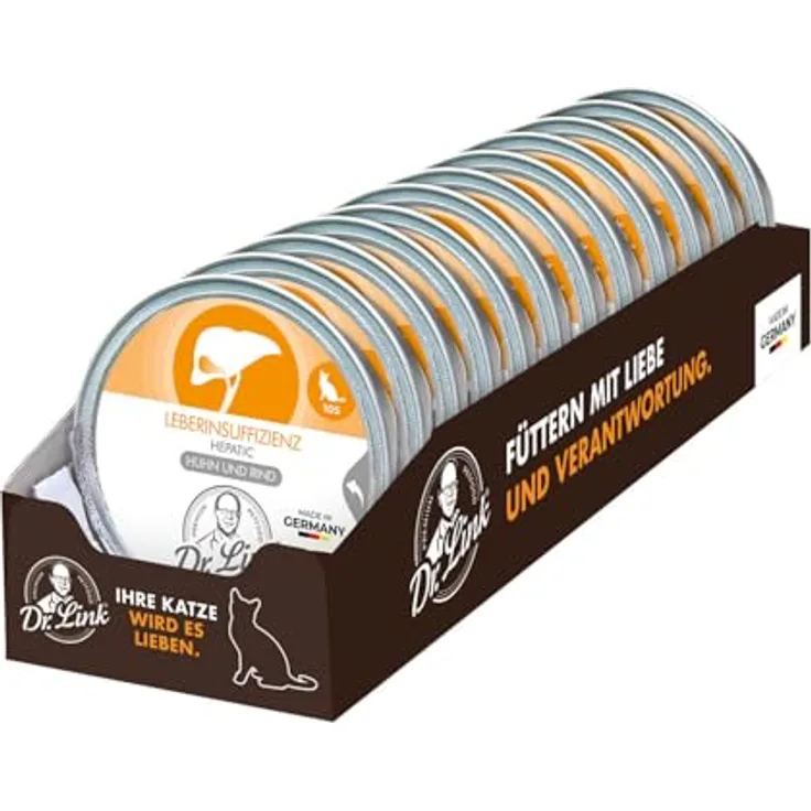 Dr. Link Spezial-Diät Katzenfutter für die Leber, Proteinquelle Huhn & Rind, 12x85g Schalen, Unterstützung der Leberfunktion & Stoffwechsel