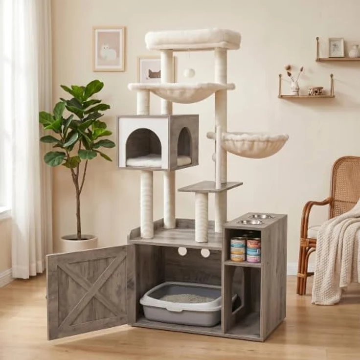 Relaxdays Kratzbaum Katzenkloschrank mit Magnettür, Sisal & Höhle, Holzoptik-Weiß, inkl. 2 Näpfen und Plüschball – Bild 5