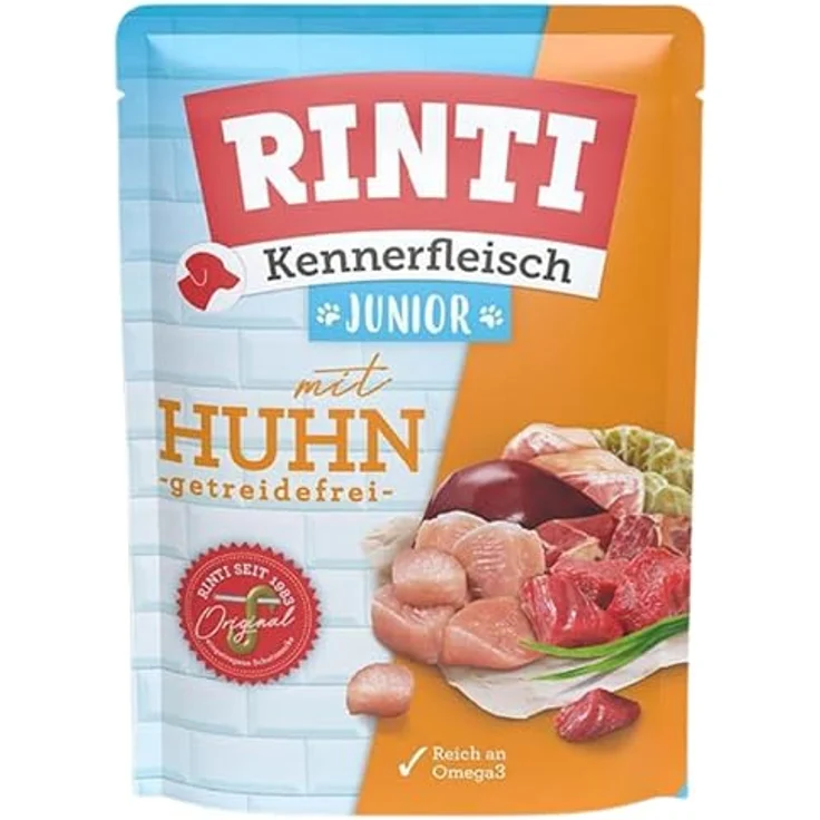 RINTI Kennerfleisch Pouches Junior 10 x 400 g - Hühnerfleisch, artgerechtes Nassfutter für Welpen, mit Omega-3 und Vitamin E
