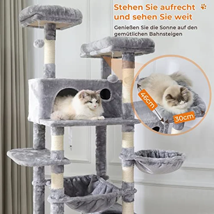 MSmask Kratzbaum XXL, 193 cm hoch mit 2 Höhlen, 2 Plattformen, Hängematte und stabiler Konstruktion für große Katzen – Bild 3