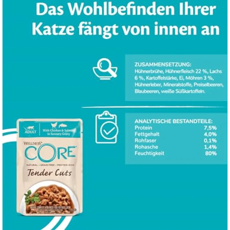 Wellness CORE Tender Cuts Hühnchen Selection Mix, 6 x 85 g, Premium Nassfutter für Katzen, getreidefrei, ohne Zuckerzusatz, hoher Fleischanteil, in Sauce – Bild 5