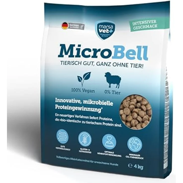 marsavet+ Marsavet MicroBell – Veganes Hundefutter-Set Groß mit mikrobiellem Protein, 4 kg Trockenfutter, 100 g Snacks, 3 × 300 g Nassfutter, hypoallergen und getreidefrei – Bild 2
