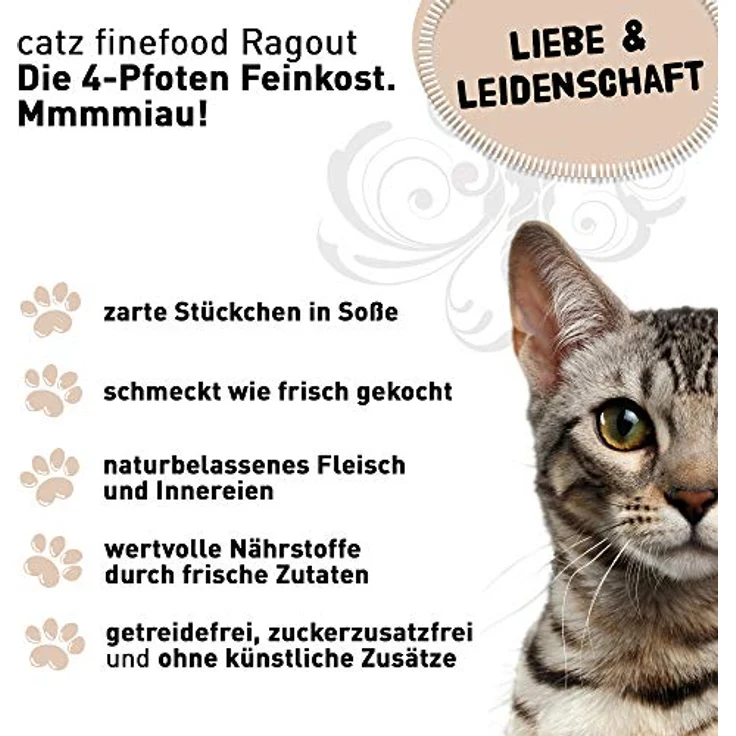 catz finefood Ragout N° 607, Känguru & Ente Nassfutter für Katzen in Sauce, getreidefrei und zuckerfrei, 6 x 190 g Dose – Bild 4