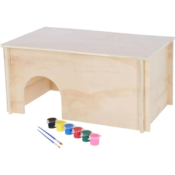 Kerbl Pet Nagerhaus zum Bemalen, Kleintierhaus aus Holz mit 2 versetzten Ein-/Ausgängen, bunt, 50x29x24cm, abnehmbares Dach, ideal für Kaninchen und Nagetiere – Bild 1