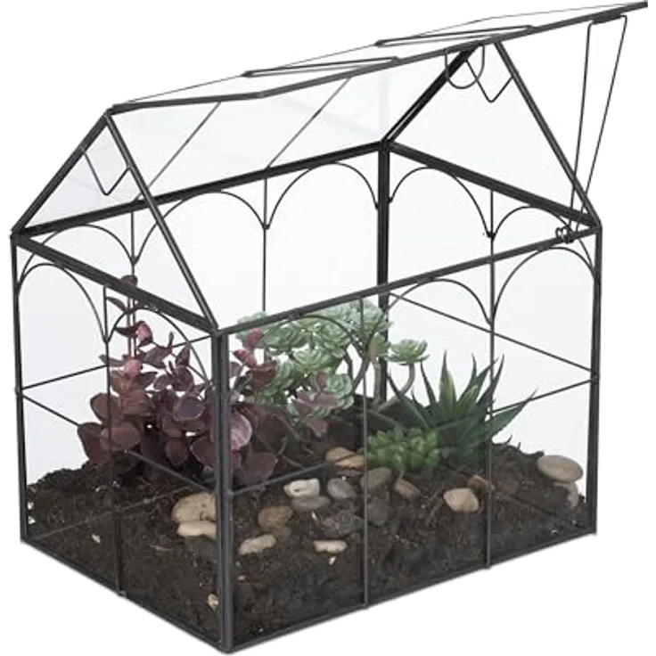 Relaxdays Pflanzenterrarium, Glas-Gewächshaus in Hausform, pflegeleicht mit antikem Metallrahmen, H 25 cm