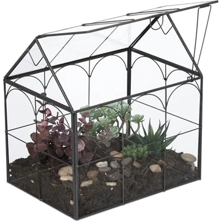 Relaxdays Pflanzenterrarium, Glas-Gewächshaus in Hausform, pflegeleicht mit antikem Metallrahmen, H 25 cm – Bild 1