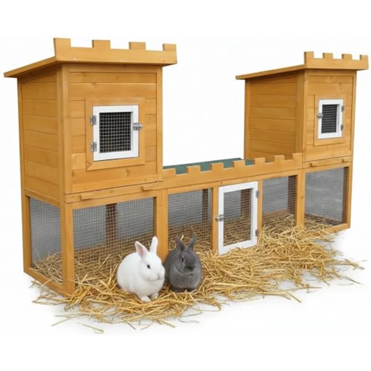 Mucola Kaninchenstall Schloss XXL 192x50x100 cm, Holz 2 Etagen mit Freilauf, witterungsbeständig, leicht zu reinigen, hellbraun – Bild 1