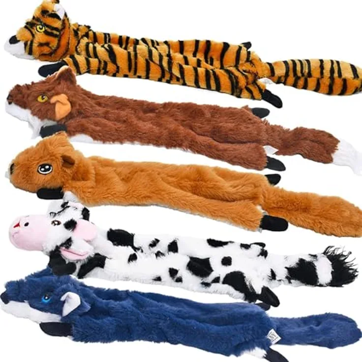 SHARLOVY Dog Quietschspielzeug 5er-Pack, ungefülltes Crinkle Hundespielzeug mit Quietschern für große und mittelgroße Hunde, Eichhörnchen, Leopard, Fuchs, Wolf, Tiger