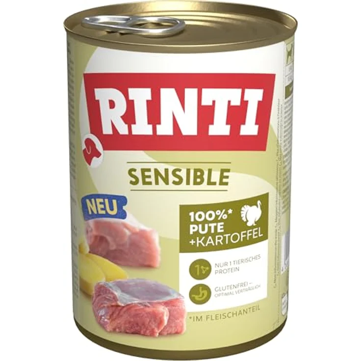 Rinti Sensible Pute + Kartoffel, 12x400g, Alleinfuttermittel für empfindliche Hunde mit nur 1 tierischem Protein, ballaststoffreich, ohne Soja