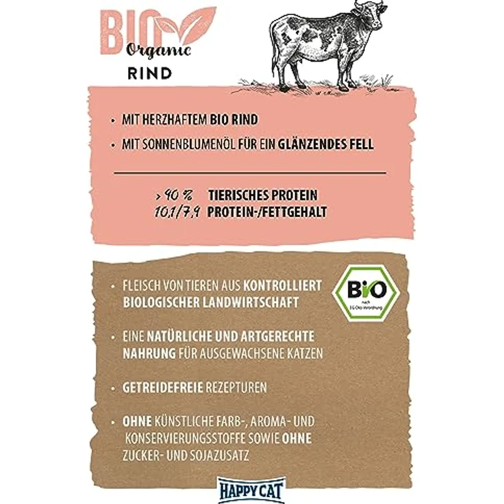 Happy Cat 70485 All Meat Adult Bio Pouch Rind, getreidefreies Katzen-Nassfutter aus biologischer Landwirtschaft, 85g – Bild 2