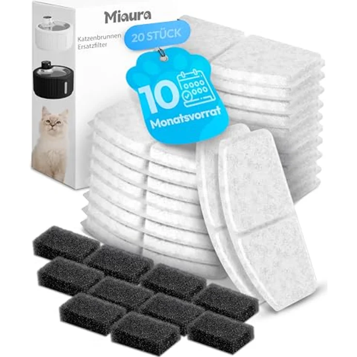 Miaura® 20er Pack Katzenbrunnen Filter, hochwertige Ersatzfilter für Miaura Trinkbrunnen, 10 Monate Vorrat, einfache Handhabung, für kristallklares Wasser – Bild 1