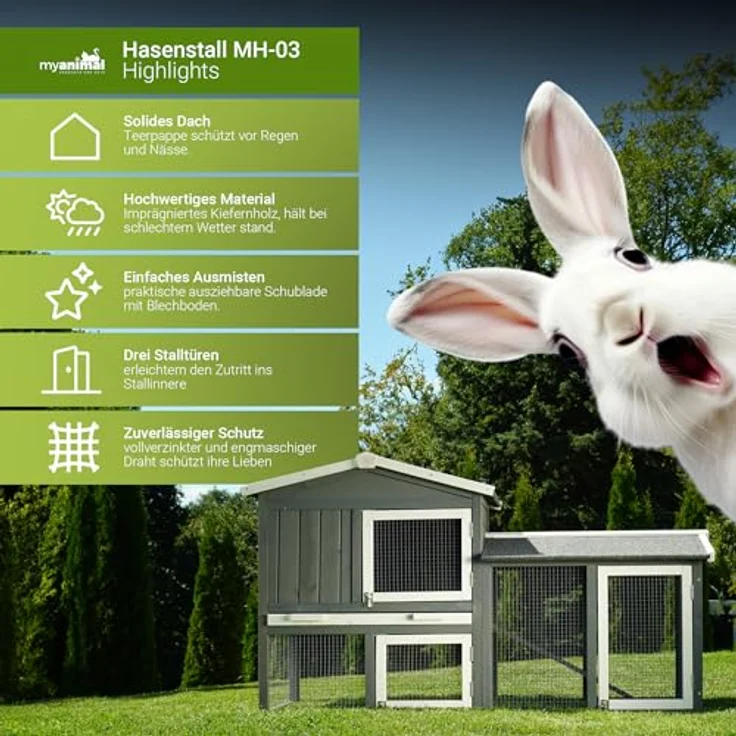 Miweba MyAnimal Hasenstall MH-03, Kleintierkäfig aus imprägniertem Holz mit Freilaufgehege, wetterfest, grau/weiß – Bild 2