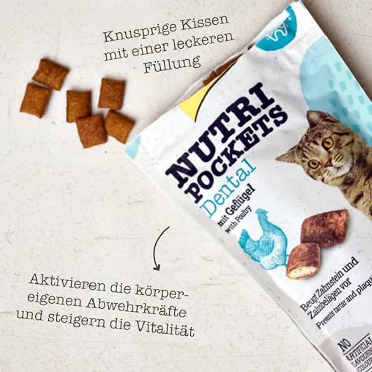 GimCat Nutri Pockets Dental, Knuspriger Katzensnack mit cremiger Füllung, 60 g, mit Geflügel und Zahngesundheitsfördernden Inhaltsstoffen – Bild 4