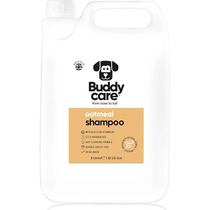 Buddycare Haferflocken-Hundeshampoo, beruhigend und feuchtigkeitsspendend mit Aloe Vera und Pro-Vitamin B5, 5L – Bild 1
