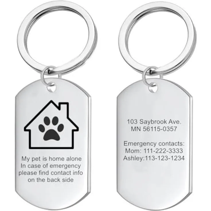 KBNSUIAN Personalisierte Notfall Haustier Alarm Schlüsselanhänger aus Edelstahl, gravierbare ID mit Telefonnummer und Adresse, sicher und wasserdicht, 49x28mm