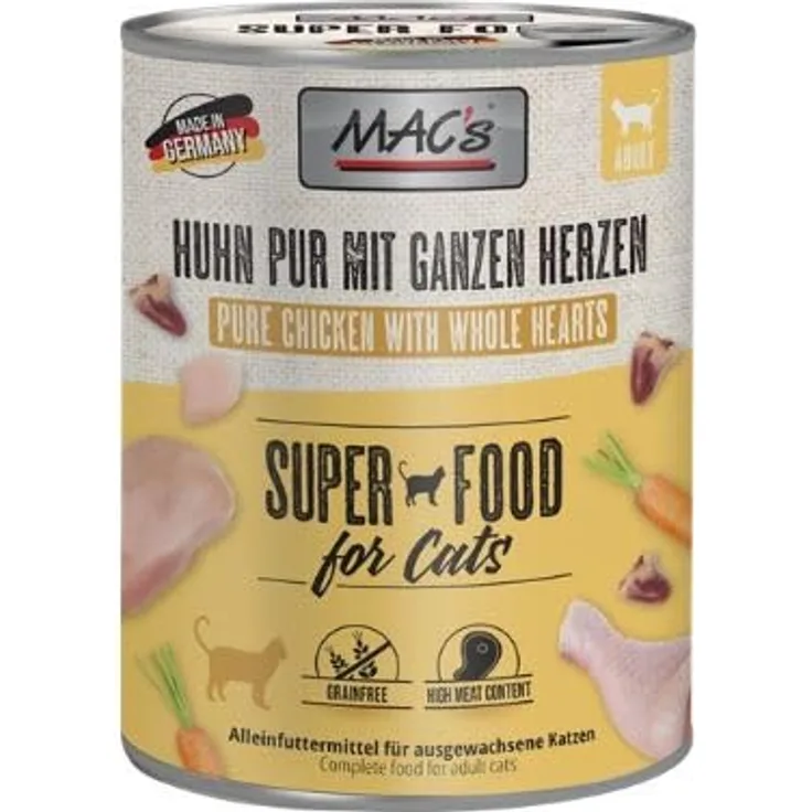 MAC's Cat Huhn Pur und ganze Geflügelherzen, getreidefreies Katzen-Nassfutter, 6 x 800 g