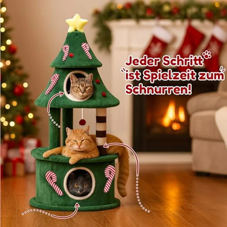 COMHOMA Kratzbaum im Weihnachtsbaum-Design, 144 cm hoch, mehrstöckiger Katzenbaum mit Katzenhaus, Spielbällen und stabilen Plattformen – Bild 3