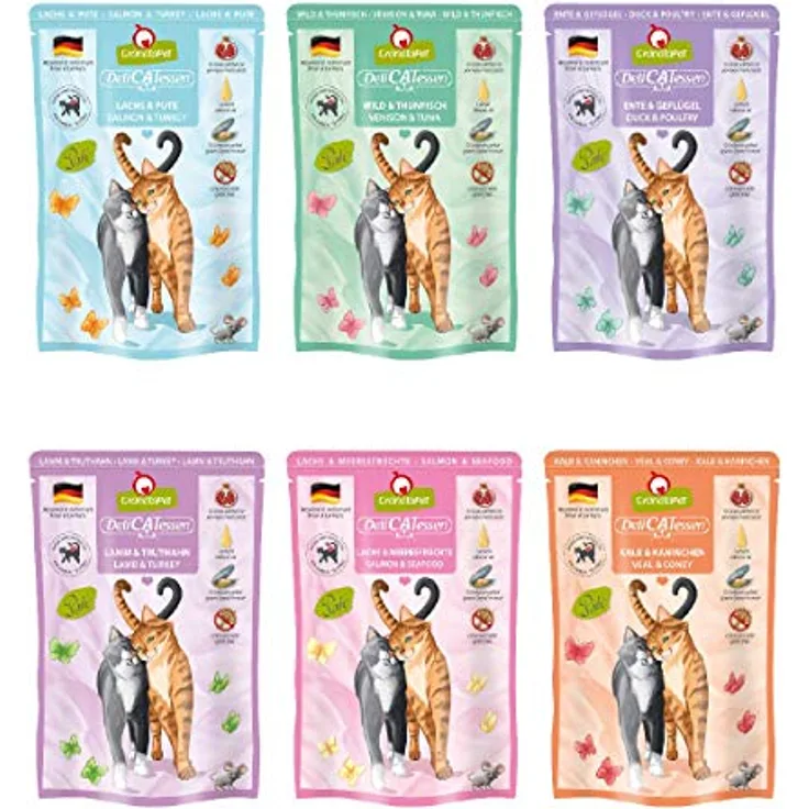 GranataPet DeliCatessen Multipack 1, Nassfutter für Katzen, ohne Getreide, hoher Fleischanteil, 6 x 85 g (Kalb, Kaninchen, Lachs, Meeresfrüchte, Lamm, Truthahn, Ente, Geflügel, Wild, Thunfisch)