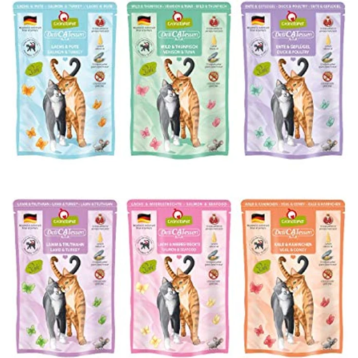 GranataPet DeliCatessen Multipack 1, Nassfutter für Katzen, ohne Getreide, hoher Fleischanteil, 6 x 85 g (Kalb, Kaninchen, Lachs, Meeresfrüchte, Lamm, Truthahn, Ente, Geflügel, Wild, Thunfisch) – Bild 1