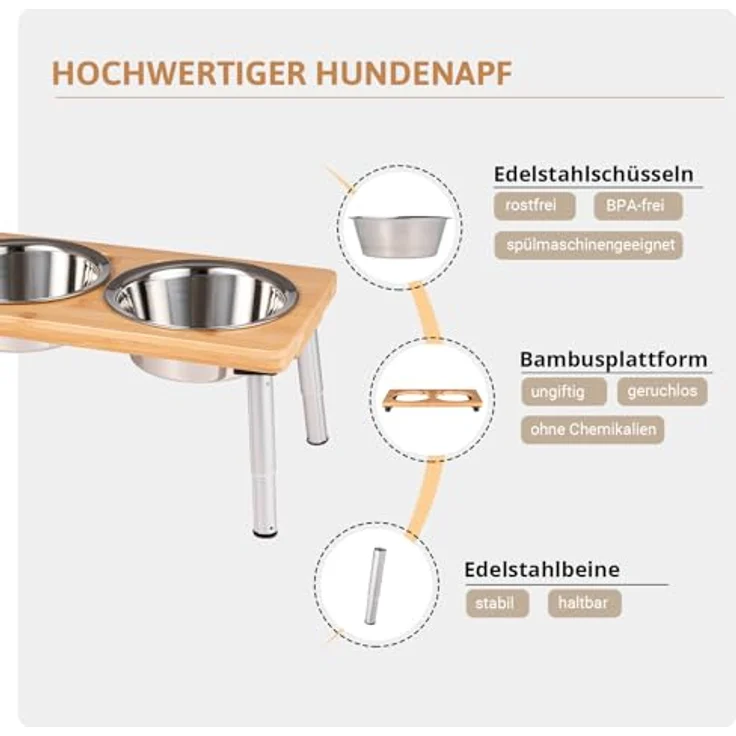 PEGGY11 Edelstahlnäpfe für Hunde, 2er Set, erhöhte rutschfeste Futternäpfe mit Bambusständer, 720 ml, für kleine und mittelgroße Hunde – Bild 5