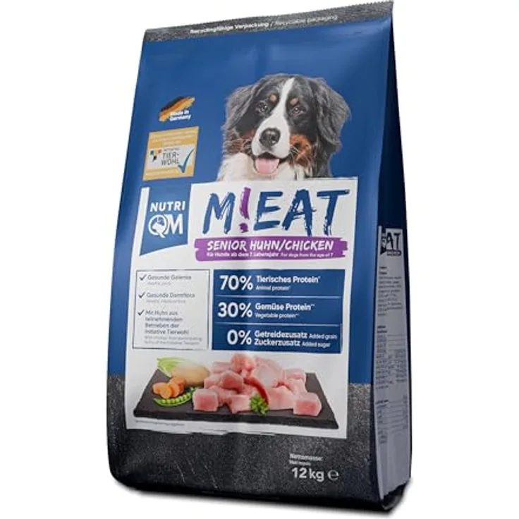 NutriQM M!EAT Senior Hundefutter trocken, getreidefrei, 12 kg, mit Tierwohl-Siegel, reduziert in Fett & Protein, besonders gut verträglich, Made in Germany